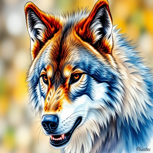 A highly detailed watercolor illustration of a wolf's head, capturing its fierce expression and vivid fur colors, with a soft bokeh background; camera settings: f/2.8 aperture, ISO 100, 1/200s shutter speed; camera view: close-up; camera style: portrait; camera type: DSLR.