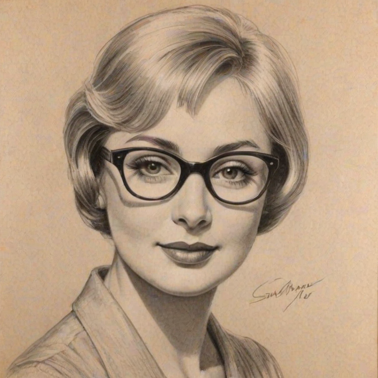 Magnificent Shirley Jones, pencil sketch, portrait of Splendid woman 1923s in glasses, hair style beatnik, outline, clear lines, fine lines, 8k