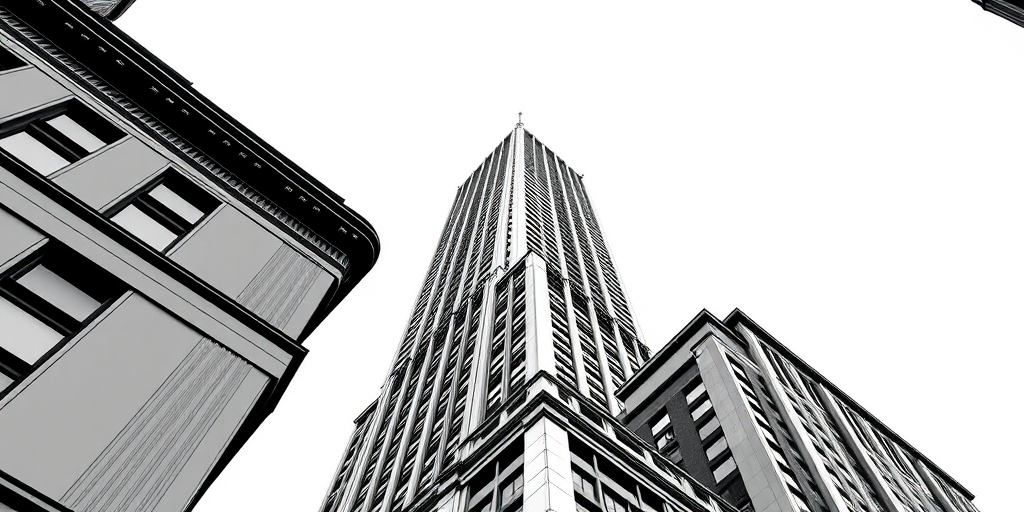 Create a detailed vector illustration of the Empire State Building from a low angle view with high contrast black and white, using a digital camera setting of f/8 aperture, ISO 100, and shutter speed of 1/200s, in a realistic architectural style.
