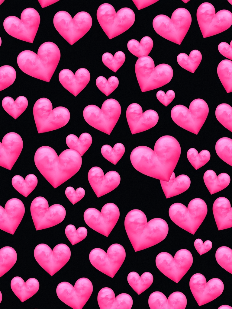 Create a seamless pattern of pink hearts on a black background, using a digital camera with a resolution of 300 DPI, 50mm lens, f/8 aperture, and ISO 100, top-down view for even spacing and clarity.
