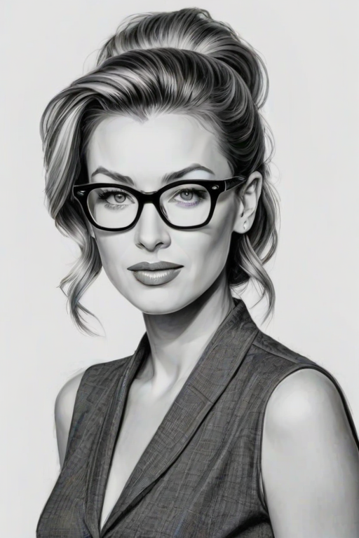 Elegant Natalie Zea, pencil sketch, portrait of Ravishing woman 1954s in glasses, hair style beatnik, outline, clear lines, fine lines, 8k