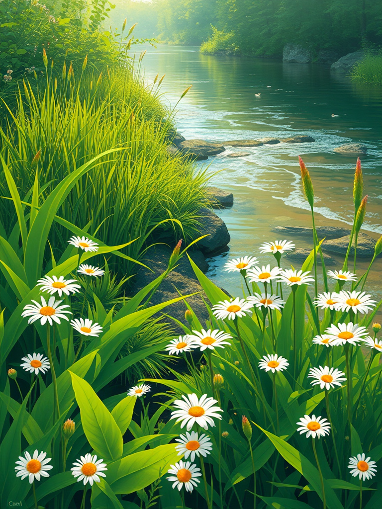 Create a vibrant illustration of a lush riverbank scene with various green plants and white daisies, focusing on details, soft lighting for a serene atmosphere, using a Canon EOS 5D Mark IV with a 50mm lens, aperture f/2.8, ISO 100, and a slight vignette for depth.