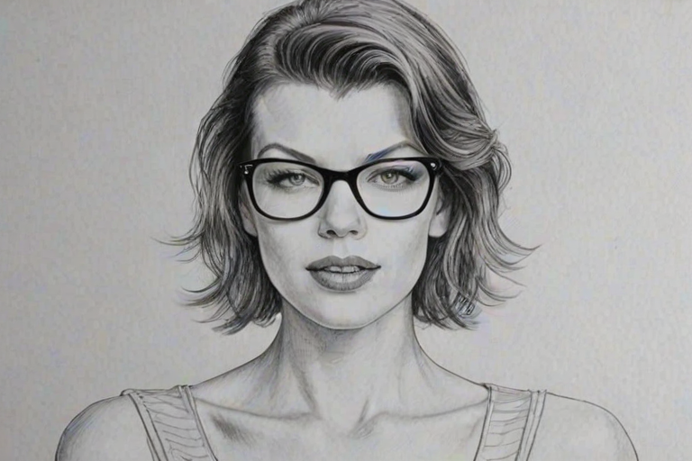 Dazzling Milla Jovovich, pencil sketch, portrait of Lovely woman 1964s in glasses, hair style beatnik, outline, clear lines, fine lines, 8k