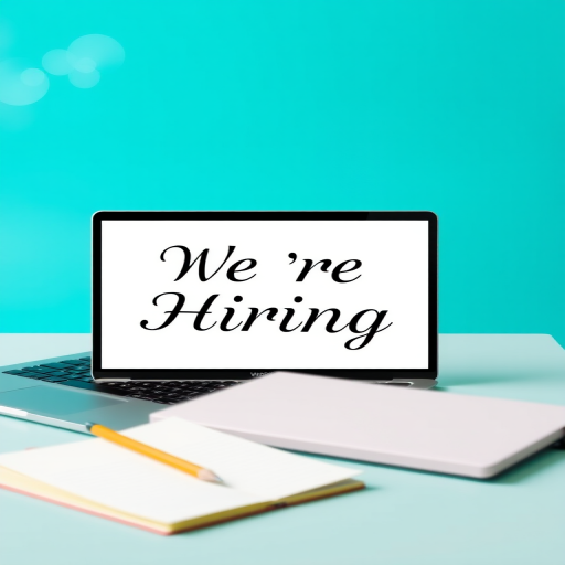 Create a vibrant and professional hiring announcement graphic featuring a sleek laptop displaying the text "We're Hiring" in an elegant font, alongside a notepad with a pencil, using a bright teal background, shot with a DSLR camera at f/4, ISO 100, and a moderate wide-angle lens.