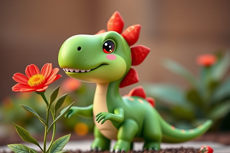 Create a high-resolution image of a cheerful cartoon dinosaur holding a red flower, with vibrant colors and a smooth finish, using a DSLR camera with a 50mm lens, aperture set to f/2.8, ISO 100, and shot in natural light for enhanced quality and clarity.