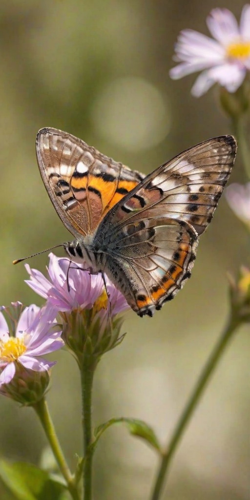 Sharp, detailed close-up of a butterfly resting on a blooming flower, soft sunlight reflecting off its wings, tiny details of the flower's petals visible, and the feeling of serenity and the natural beauty of spring.