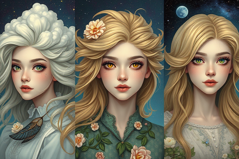 Create a series of imaginative portraits where each subject is infused with elements of fantasy and nature. The hair of the individuals should flow like clouds, varying from soft, fluffy cumulus to wispy cirrus strands, with hints of color reflecting a sunset or a clear blue sky. The eyes should be windows to entire galaxies, with stars, nebulae, and distant planets visible within them. Clothing should be adorned with nature motifs, such as floral patterns that bloom and change, vines that seem to grow and wrap around, or feathers that shimmer with iridescence. Each portrait should capture a unique personality, blending human features with the ethereal beauty of the natural and cosmic world. The backgrounds can vary, from starry night skies to enchanted forests, adding depth and context to the magical realism of the portraits