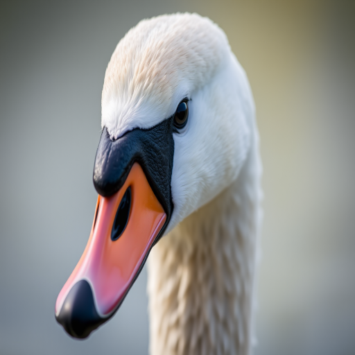 Close-up portrait of a swan with a sharp focus on its head and beak, shallow depth of field, ISO 100, aperture f/2.8, focal length 85mm, taken with a DSLR camera, natural lighting, soft background blur.