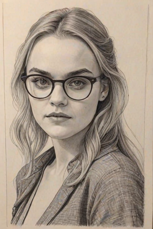 Pleasing Madeline Brewer, pencil sketch, portrait of Delightful woman 1977s in glasses, hair style beatnik, outline, clear lines, fine lines, 8k