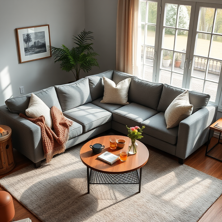Capture a cozy living room scene with a gray sectional sofa adorned with soft pillows and a textured throw, a round coffee table with drinks and flowers on it, natural light streaming through large windows, use a Canon EOS R5 with a 24mm lens, aperture f/2.8, ISO 200, top-down view, soft focus for a warm ambiance.