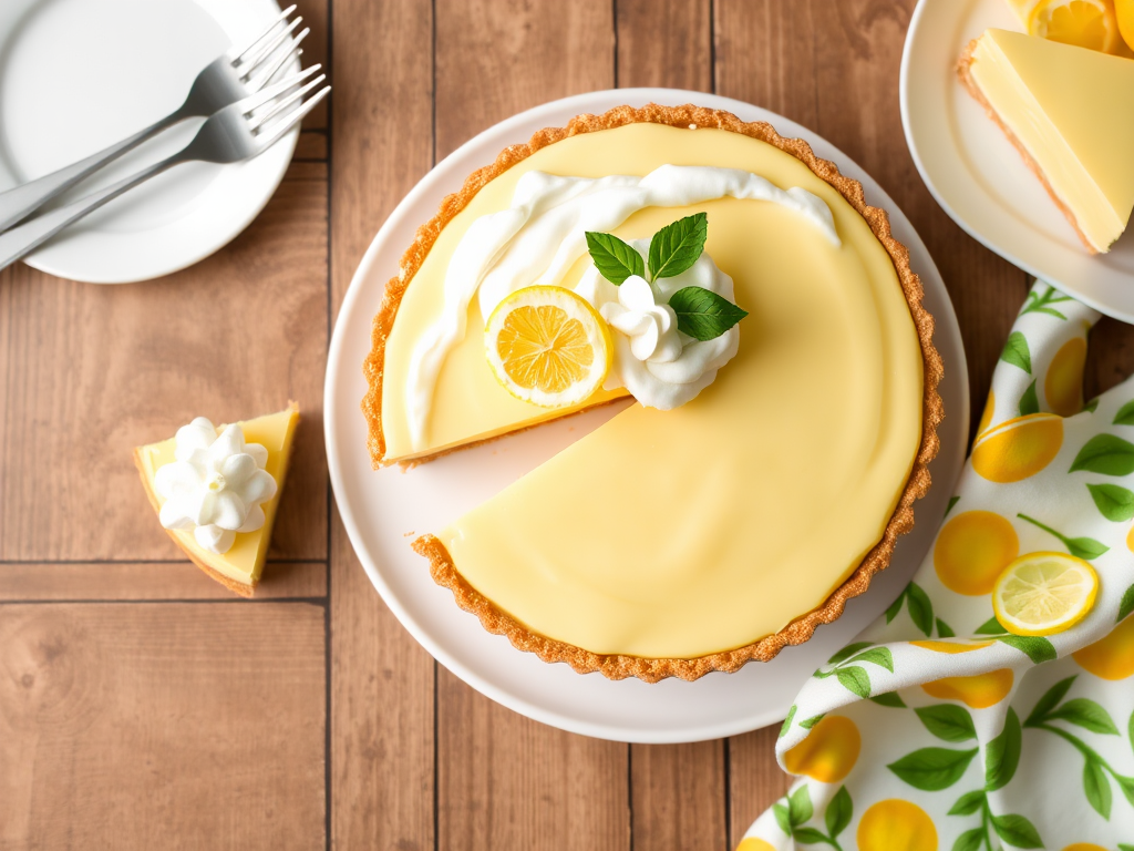 A delicious lemon cream pie with a smooth yellow filling and fluffy white topping is beautifully presented on a white plate. The pie is garnished with a slice of lemon and fresh green leaves. A piece of the pie has been cut, showcasing the layers. Nearby, there are two forks and a small plate with lemon slices, along with a decorative cloth featuring lemon and green leaf patterns. The background has a rustic wooden texture, enhancing the inviting appearance of the dessert.