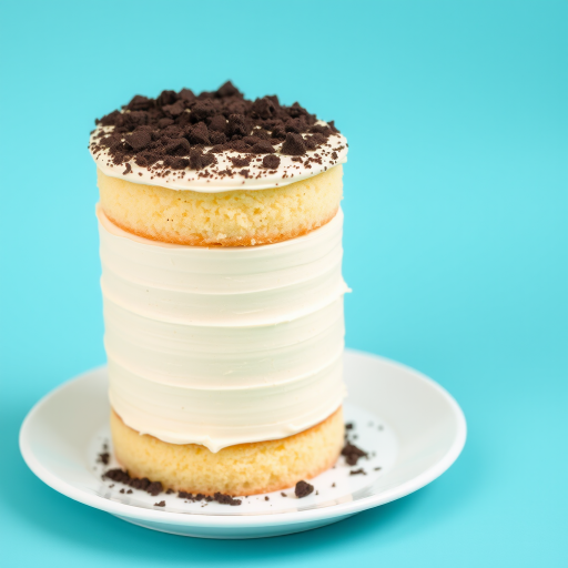 Create an image of a tall, layered cake with light yellow sponge layers and a creamy frosting. The cake should have a textured top sprinkled with chocolate crumbs. Place it on a simple white plate against a vibrant turquoise background.