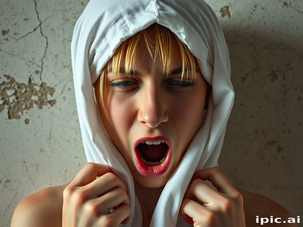 Create a close-up photographic image of the head and torso of a person with light skin tones shown against an old, worn wall. Their head is wrapped in a white cloth covering (i.e.... parts of the head except the nose and mouth, which are open as if they are screaming...), with a slight texture and visible folds in the fabric. Thin strands of blonde hair escape from the wrapping above, falling lightly at the top and sides. Their hands hold the fabric as if they are tugging nervously. The lighting is dramatic and even, casting strong shadows. The image has a minimalist and surreal style with an emphasis on simplicity with soft color tones. The composition is centered.