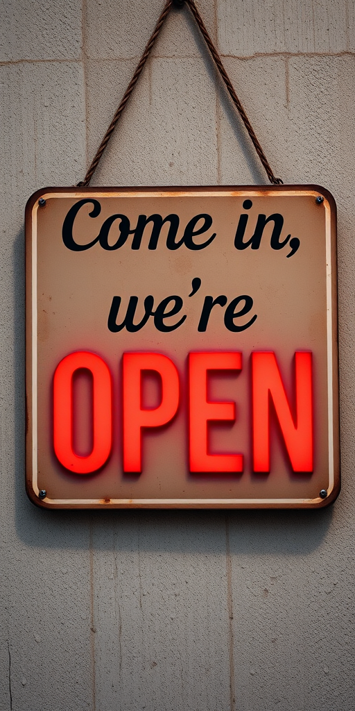 Regenerate an image of a vintage-style "Come in, we're OPEN" sign with a textured background, using a DSLR camera with a 50mm lens, f/1.8 aperture, ISO 100, and a shallow depth of field for enhanced focus on the text.