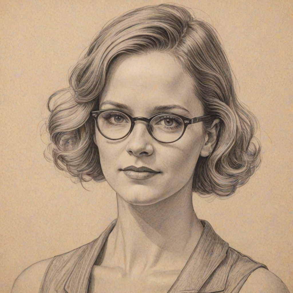 Dazzling Andrea Barber, pencil sketch, portrait of Captivating woman 1926s in glasses, hair style beatnik, outline, clear lines, fine lines, 8k