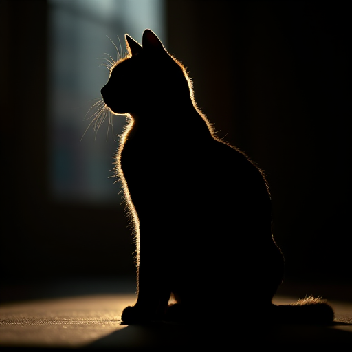 Create a high-resolution image of a silhouette of a cat sitting, captured with a Canon EOS R5, 50mm lens, aperture f/1.8, ISO 100, in a soft focus style with a backlight effect for dramatic contrast.