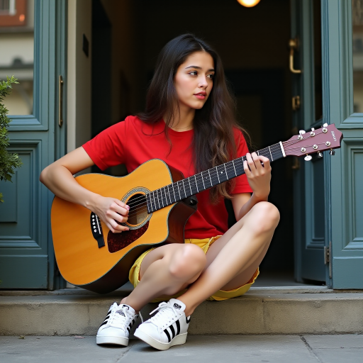 Ultra-realistic and very detailed image, high resolution and definition of a young woman, a rocker. She's sitting on the step of a doorway, with one leg stretched out, playing an acoustic guitar. The young woman is wearing a red T-shirt and yellow shorts. Adidas trainers. The door is glazed and mirrors the street.