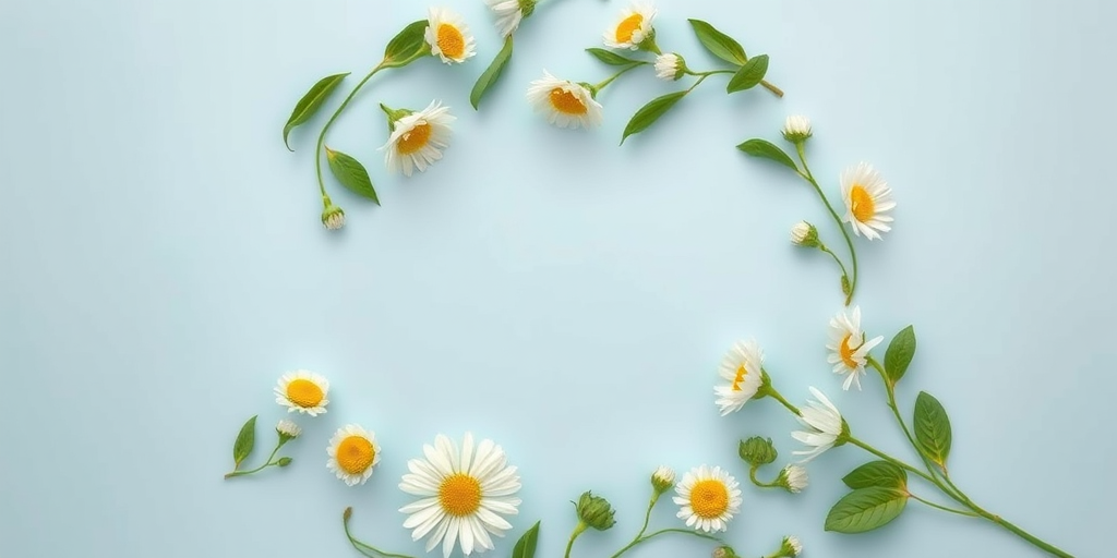 Regenerate a circular floral design featuring white daisies and green leaves on a soft blue background, shot with a Canon EOS R5, 50mm lens, f/1.8 aperture, ISO 100, and a high dynamic range setting for enhanced image quality.