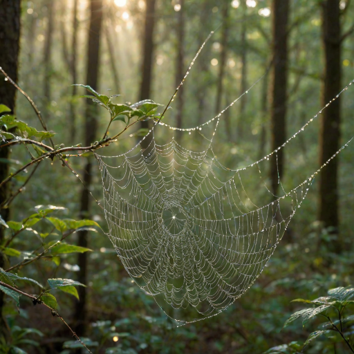 Softly focused close-up of a dew-covered spider web in a forest at dawn, soft sunlight filtering through the trees, with vibrant green foliage blending into the background and a peaceful, serene atmosphere.