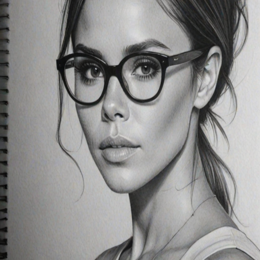 Attractive Victoria Beckham, pencil sketch, portrait of Enticing woman 1968s in glasses, hair style beatnik, outline, clear lines, fine lines, 8k