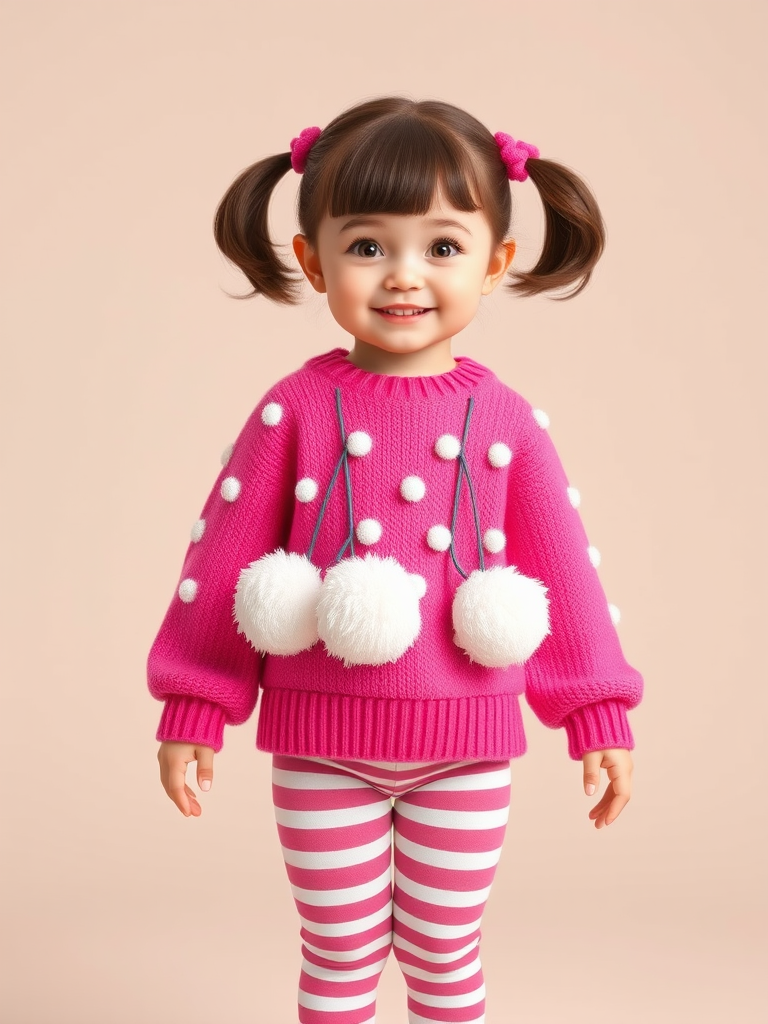 Generate a high-quality 3D render of a young girl with brown hair styled in pigtails, wearing a vibrant pink oversized sweater with white pom-poms and striped leggings, standing in a cheerful pose against a neutral background, use a Canon EOS R5 camera with 50mm lens, aperture set to f/1.8 for a shallow depth of field, ISO 100 for minimal noise, with soft lighting to enhance detail and color vibrancy.