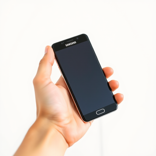 Capture a close-up of a person holding a Samsung smartphone in their right hand against a plain white background, using a DSLR camera set to f/2.8 aperture, ISO 100, and a shutter speed of 1/200 sec with natural light to enhance image quality.