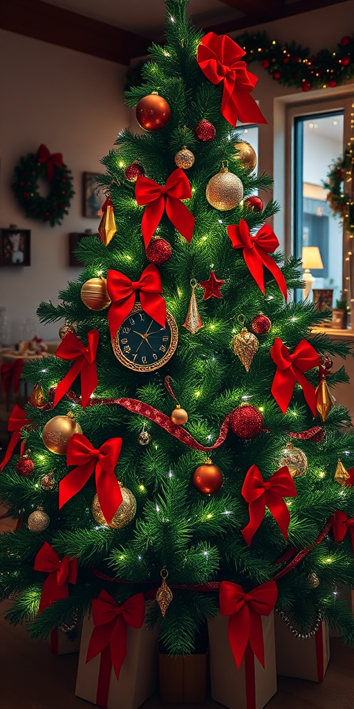 Generate an image of a beautifully decorated Christmas tree. The tree should be lush and green, adorned with bright red bows, colorful ornaments, and twinkling white lights. The setting should have a warm, cozy atmosphere, with soft lighting and a hint of holiday decorations in the background.