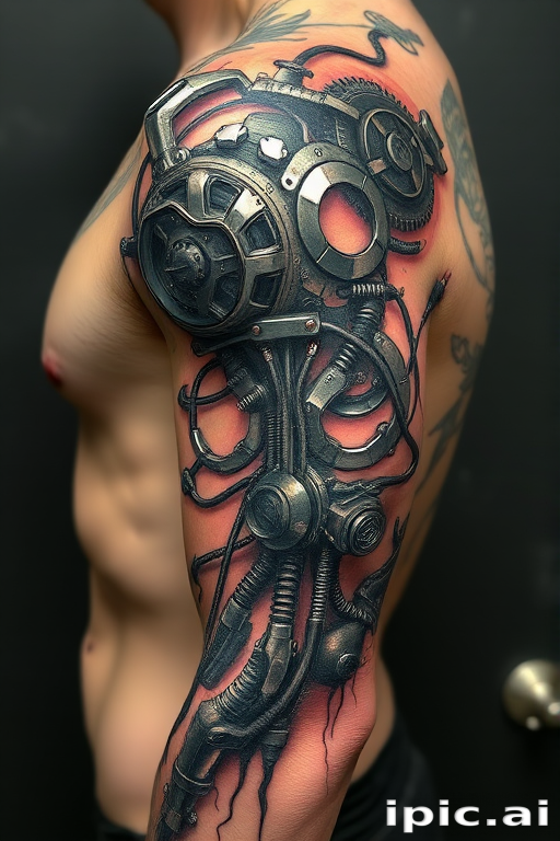 Biomechanical tattoo titled "Cybernetic Awakening" featuring a fusion of organic forms and mechanical components, showcasing hyper-realistic metal textures and exposed circuitry beneath torn skin