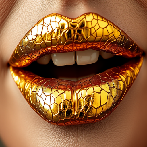 Glamorous gold leaf lips showcase intricate metallic patterns, creating a luxurious and artistic statement that gleams in the light