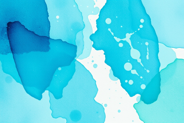Create an abstract watercolor artwork featuring vibrant shades of teal and azure with splatters and soft gradients, captured with a Canon EOS R5, 50mm lens, f/1.8 aperture, ISO 100, using a close-up view to enhance details and textures.