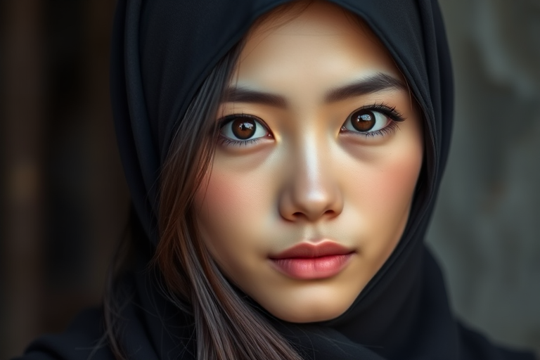 Create a portrait of a young Vietnamese woman with long, dark hair and captivating hazel eyes. She is wearing a black headscarf and a matching scarf draped gracefully around her neck. The background is softly blurred, focusing attention on her serene and natural expression. The overall color palette is muted and warm, enhancing the intimate and authentic feel of the portrait.