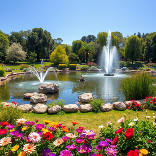 Create a vibrant image of a serene park scene featuring a pond with fountains, surrounded by lush greenery and colorful flowers, captured in high resolution with a DSLR camera at 24mm, f/8 aperture, ISO 100, and a bright midday sun for enhanced clarity and detail.