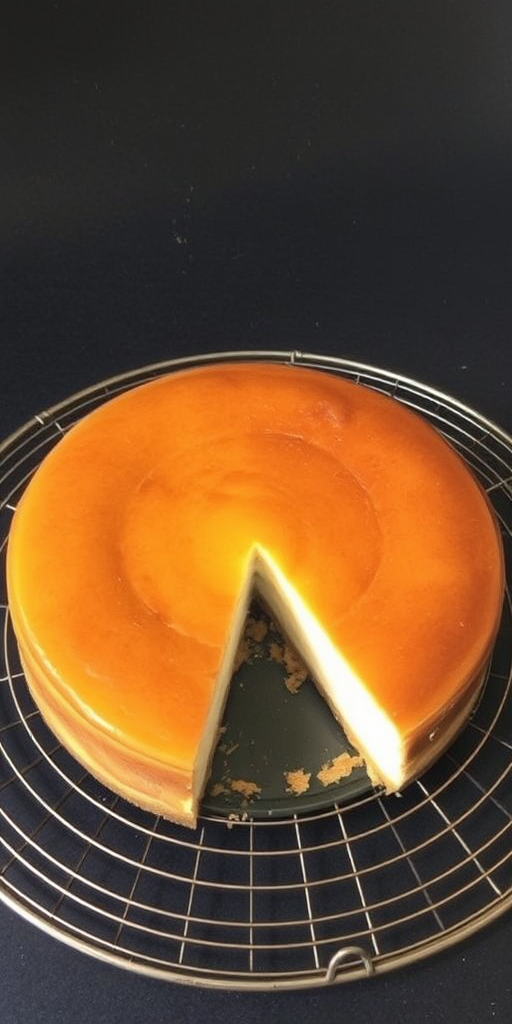 A freshly baked cheesecake with a golden brown top, resting on a round wire rack, with a slice removed revealing its creamy interior and crumbly crust, set against a dark surface.