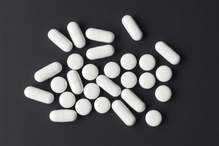 Create a high-resolution image of a group of white pills arranged aesthetically on a clean, dark background, shot with a Canon EOS R5, 85mm lens, f/1.8 aperture, ISO 100, and a softbox for even lighting.