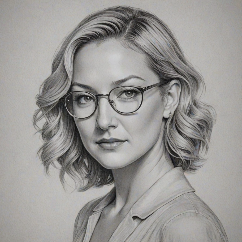Radiant Kate Hudson, pencil sketch, portrait of Splendid woman 1936s in glasses, hair style beatnik, outline, clear lines, fine lines, 8k