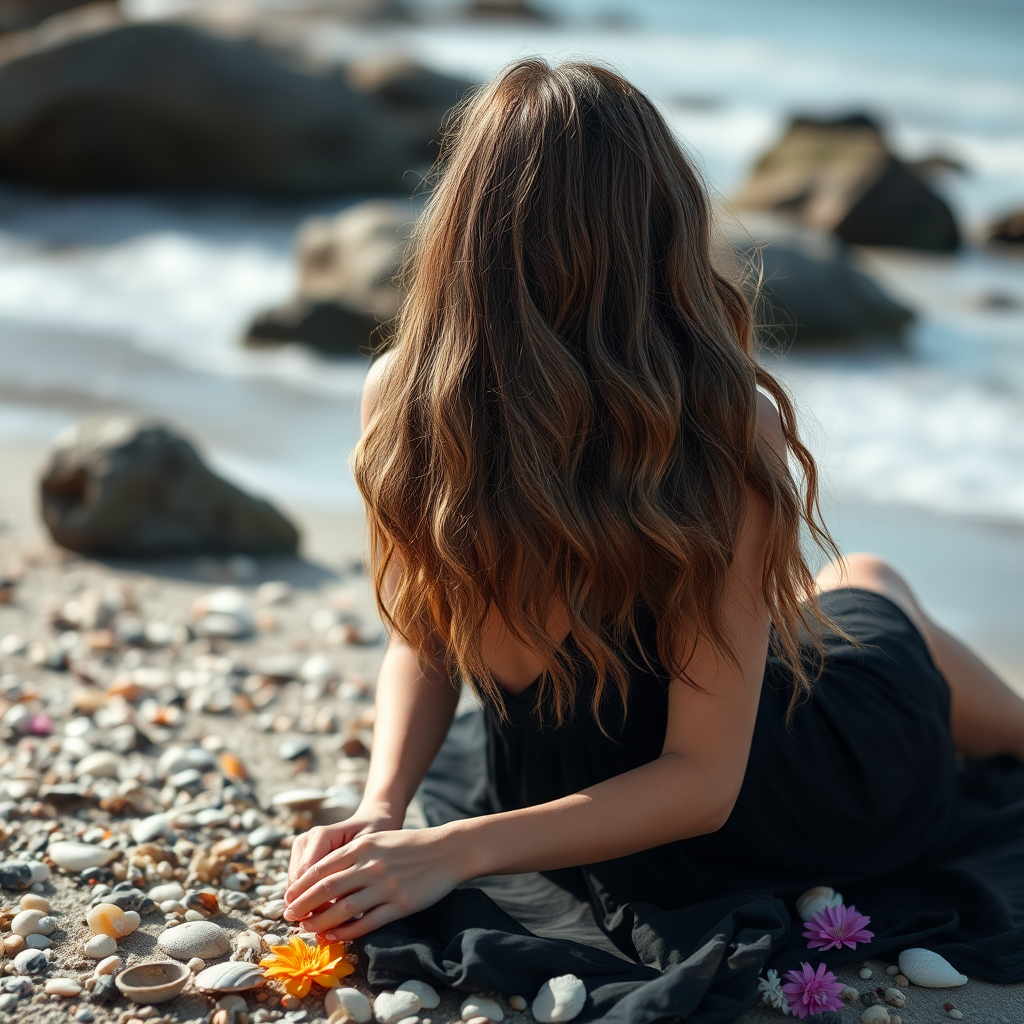 A woman with long, wavy hair in a black dress sitting by the beach, surrounded by shells and flowers, low angle view, natural lighting, shallow depth of field, 50mm lens, f/1.8, ISO 100, capture serene mood and detail.