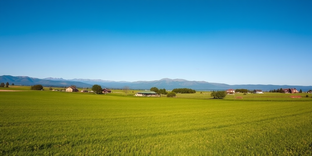 landscape of a green field with houses and mountains in the background during a clear blue sky, shot with a DSLR camera at f/8 aperture, 1/200 sec shutter speed, ISO 100, wide angle lens, landscape orientation