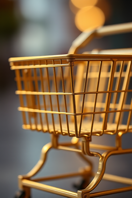 A highly detailed close-up of a shiny gold shopping cart, captured with a DSLR camera at f/2.8, 1/200 sec shutter speed, ISO 100, using a macro lens, with soft lighting and a blurred background for an elegant effect.
