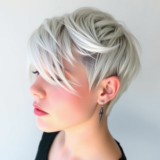 Ethereal silver pixie cut with delicate wisps framing the face, Luna's hair glimmers like starlight, featuring intricate geometric patterns shaved into the sides for an otherworldly and edgy aesthetic