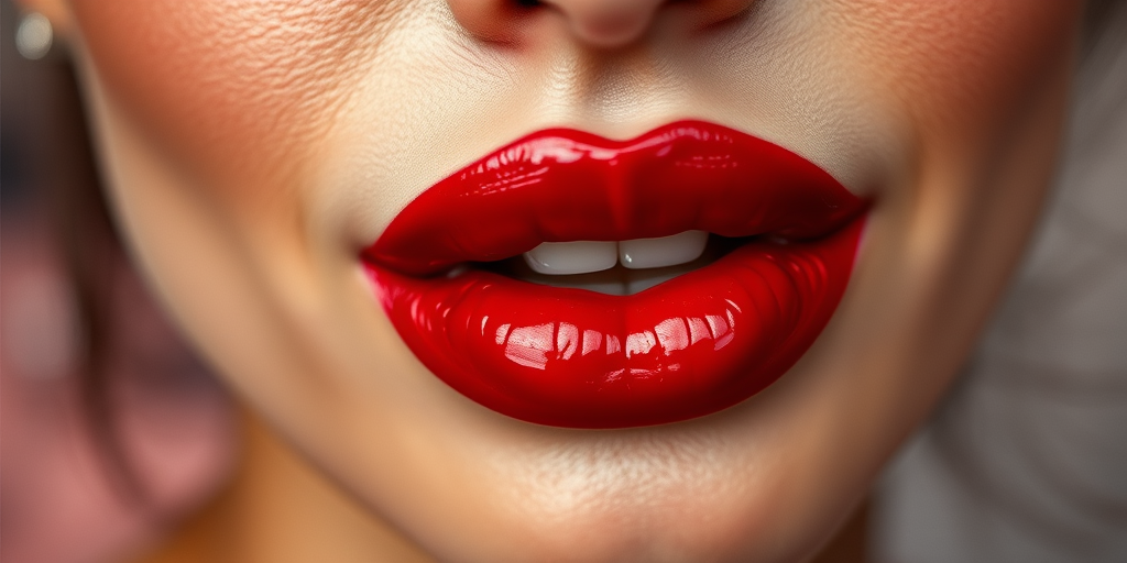 Voluptuous cherry red lips with glossy finish, showcasing plump and defined contours, capturing a sensual allure in a close-up portrait against a soft-focus background