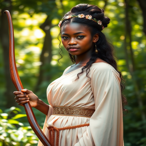 Create a portrait of a goddess-like Kikuyu girl figure in a tranquil, forested environment. She has an elegant appearance with long, wavy hair styled in an updo and adorned with a delicate, floral headband. She wears a flowing, ancient Greek-inspired gown in a soft, pale color, featuring a one-shoulder design and draped fabric that accentuates her graceful form. The outfit includes a decorative belt with ornate gold detailing, and she holds a bow in her hand, with a quiver of arrows slung over her shoulder. The background depicts lush greenery, with sunlight filtering through the trees, casting a gentle, ethereal light on the scene. Her expression is calm and contemplative, embodying a sense of wisdom and serenity.