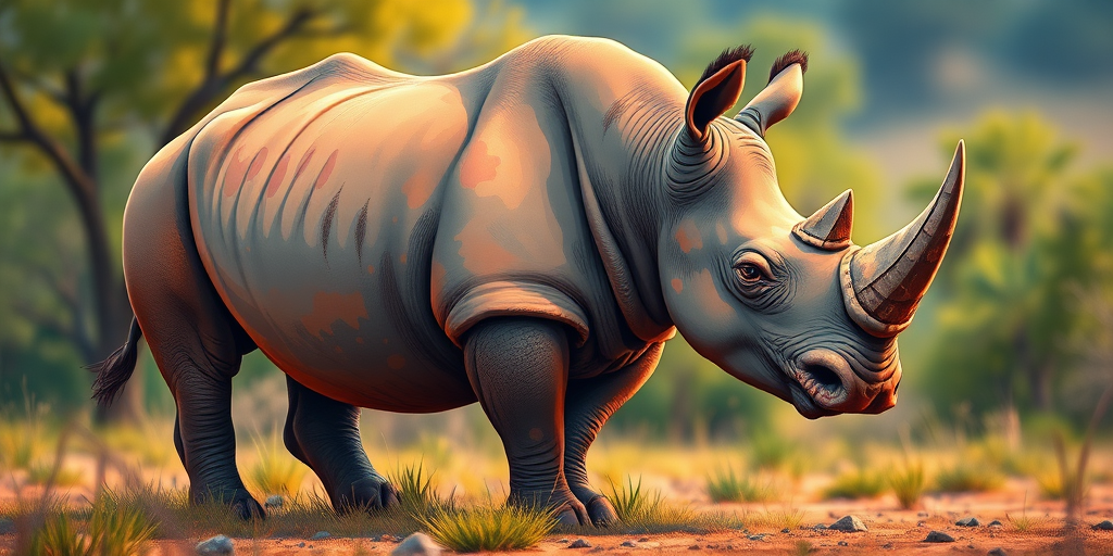 Create a detailed, high-resolution illustration of a rhinoceros standing in a natural setting, using a DSLR camera with a 50mm lens at f/8, ISO 100, and a shutter speed of 1/200 sec, capturing vibrant colors and textures with a soft focus background.