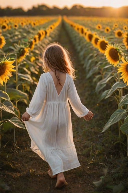 Softly focused image of a young girl walking barefoot through a sunflower field, her white dress flowing in the gentle breeze, with soft golden sunlight filtering through the flowers.