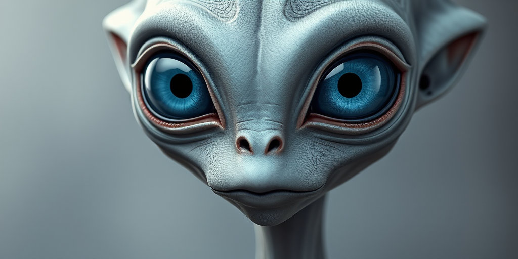 Create a highly detailed, digital illustration of a grey alien with large, blue eyes, using a Canon EOS R5 with a 50mm lens, f/1.8 aperture, 1/200s shutter speed, in a well-lit studio setting with soft diffused lighting for enhanced texture and clarity.