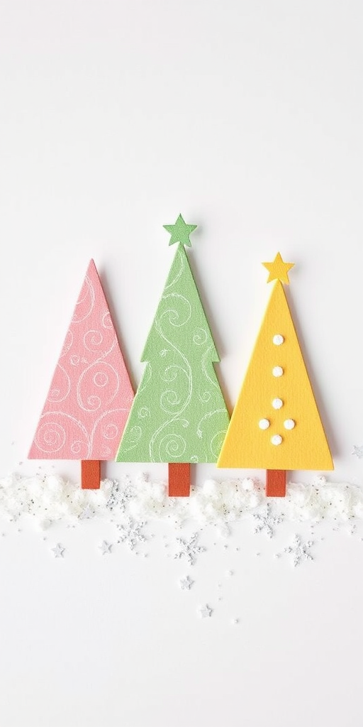 Create a festive Christmas card design featuring three stylized trees in pastel colors - one pink with swirls, one green with patterns, and one yellow with a simple design, centered on a white background with a sprinkle of small gray snowflakes around the edges, using a soft-focus lens effect at f/2.8, with a 50mm lens, natural light, photography style.