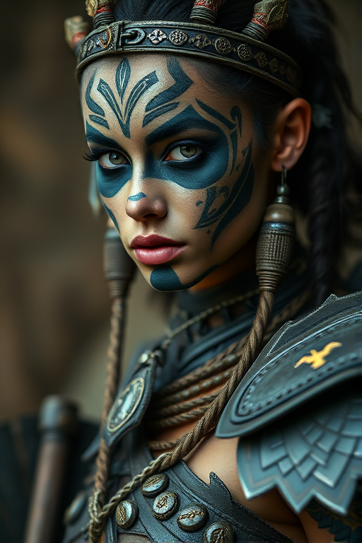 Create a high-resolution fantasy portrait of a female warrior with tribal body paint and intricate armor, captured with a DSLR camera at f/2.8 aperture, ISO 100, 1/125 sec shutter speed, using a 50mm lens, with a focus on dramatic lighting and a shallow depth of field to enhance the details in her outfit and facial markings.