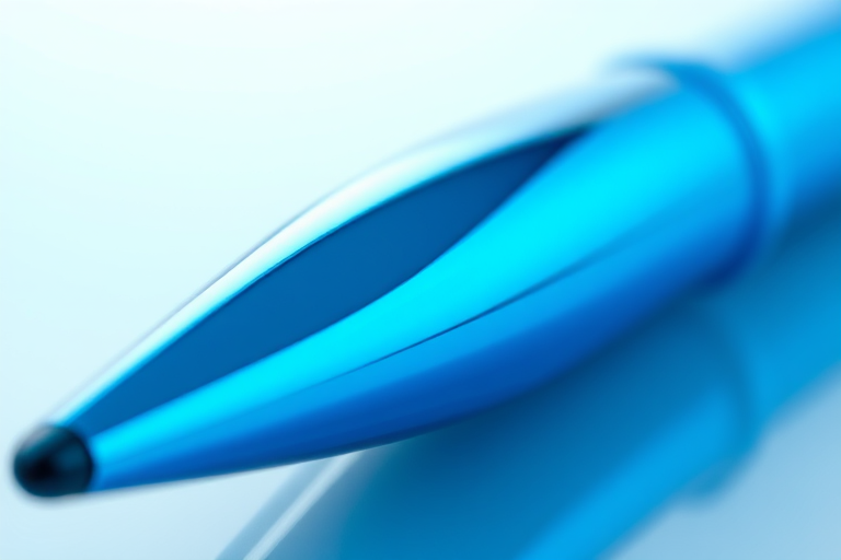 Create a high-resolution digital illustration of a sleek blue pen with a shiny finish, captured in a close-up view, using a DSLR camera with a 50mm lens, aperture set to f/1.8 for a shallow depth of field, and a soft lighting setup to enhance reflections and details.