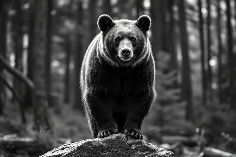 A close-up portrait of a bear standing on a rock in a forest, captured in high contrast black and white, using a DSLR camera with a 85mm lens at f/1.8, ISO 200, shutter speed 1/250 sec, in natural lighting, with a shallow depth of field for a dreamy background effect.