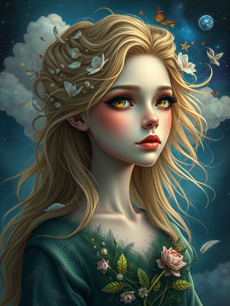 Create a series of imaginative portraits where each subject is infused with elements of fantasy and nature. The hair of the individuals should flow like clouds, varying from soft, fluffy cumulus to wispy cirrus strands, with hints of color reflecting a sunset or a clear blue sky. The eyes should be windows to entire galaxies, with stars, nebulae, and distant planets visible within them. Clothing should be adorned with nature motifs, such as floral patterns that bloom and change, vines that seem to grow and wrap around, or feathers that shimmer with iridescence. Each portrait should capture a unique personality, blending human features with the ethereal beauty of the natural and cosmic world. The backgrounds can vary, from starry night skies to enchanted forests, adding depth and context to the magical realism of the portraits