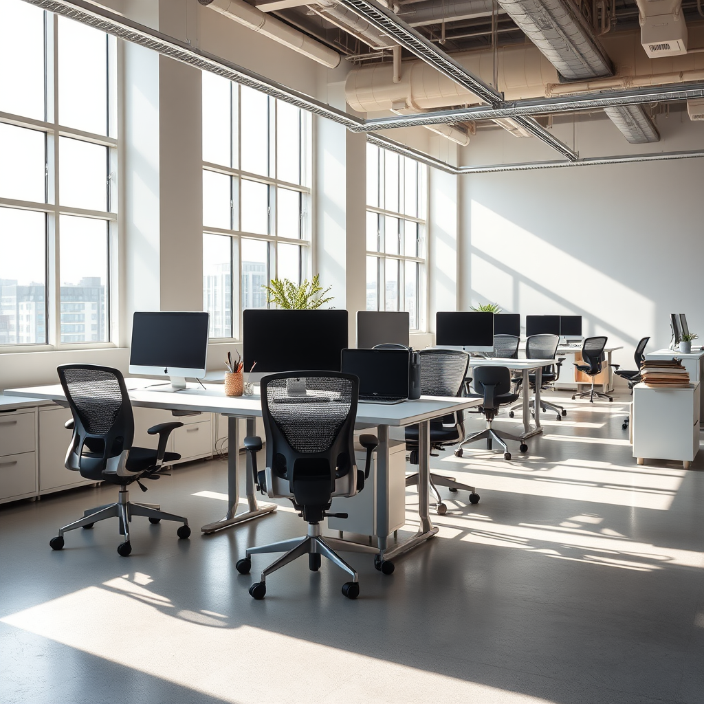 interior office space with modern desks, ergonomic chairs, computer monitors, natural light streaming through large windows, minimalistic decor, soft shadows, photograph taken with a Canon EOS R5, 24mm lens, f/8 aperture, ISO 100, high dynamic range imaging